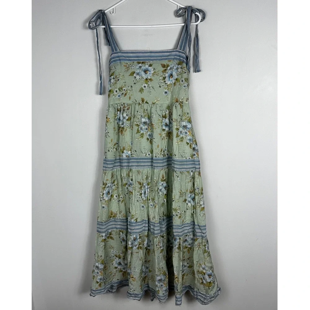 SOLD Floral Cottagecore Prairie Tiered Maxi Dress Size Large Tie Shoulders Boho - Picture 5 of 14